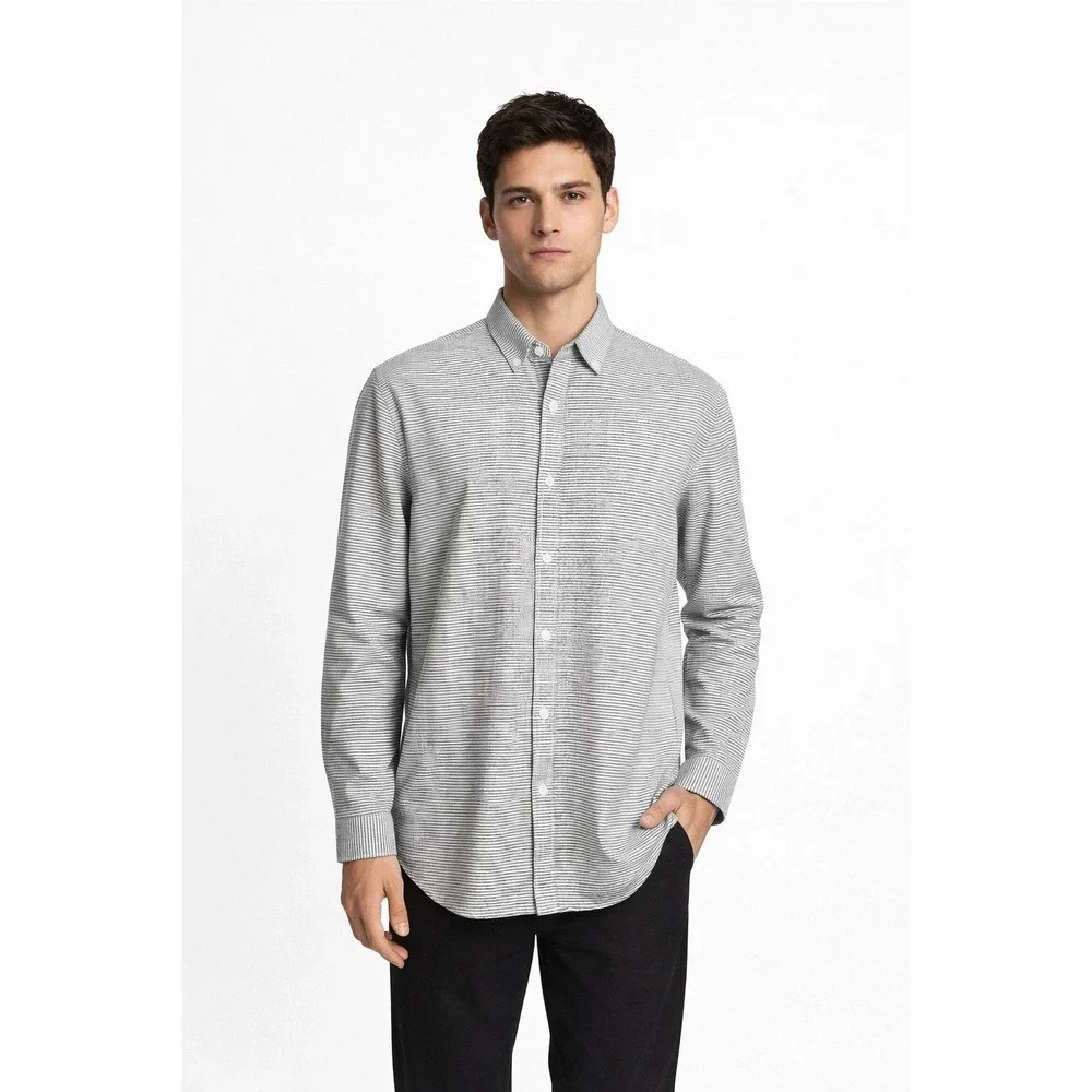 Banana Republic Men Linen Blend Striped Shirt XL Coastal Black White Button Down